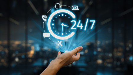 A hand reaches out toward a glowing digital clock showcasing 24-hour availability, surrounded by...