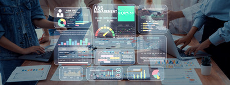 Professional Team Analyzing Digital Data on Computers and Interactive Screens for Advertising...