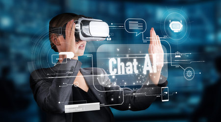 A professional exploring virtual reality technology while interacting with a chatbot interface,...