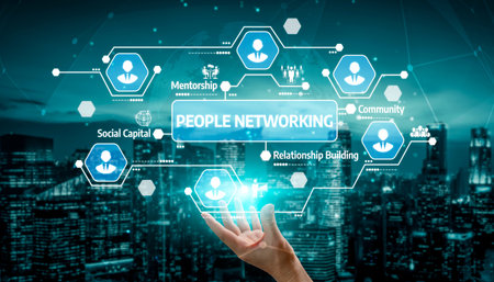 A futuristic depiction of people networking, showcasing key elements like mentorship and community,...
