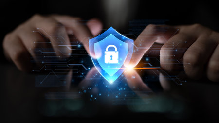 Digital security shield providing network protection and data privacy. This represents a firewall or...