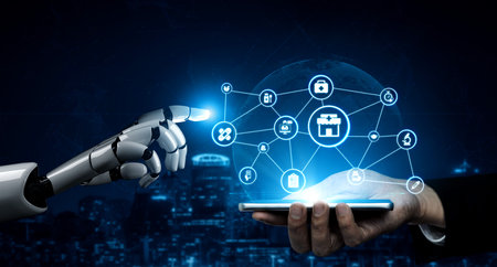 AI assisted online pharmacy icons with digital drugstore, medicine, healthcare and medical services...
