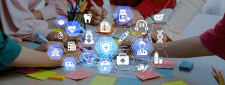 Healthcare icons show medical service, healthcare support, and patient treatment. Healthcare ensures...