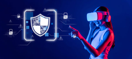A woman is using a virtual reality headset while interacting with digital security elements,...