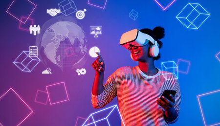 A young woman immersed in a virtual reality experience, engaging with digital representations of...