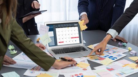 Analyst team use sticky note for creative and analytic brainstorm for business idea with BI data...