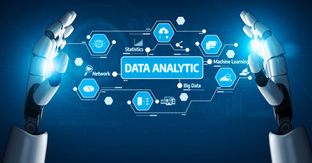 Futuristic robotic hands illustrate data analytics with icons representing various technologies,...