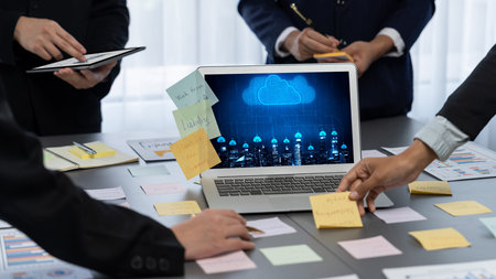 Analyst team use sticky note for creative and analytic brainstorm for business idea with BI data...