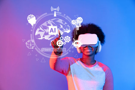 A young person immerses in artificial intelligence and virtual reality, interacting with dynamic...