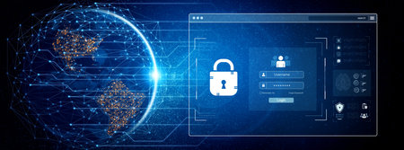 Concept of cybersecurity and data privacy. A secure login interface requires user authentication...