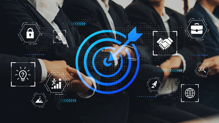 Business Professionals in Suits with Target and Icons Representing Strategy, Collaboration,...