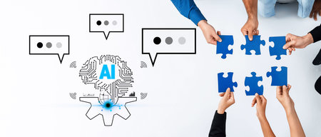 Collaboration of Human Hands Connecting Puzzle Pieces with Artificial Intelligence Concept Over a...