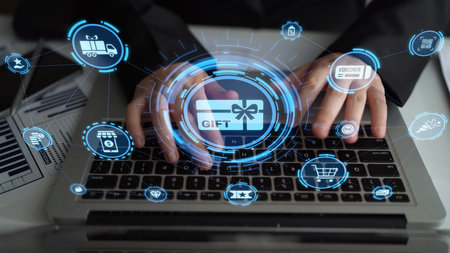 Digital gift card icons show e-commerce, payment, and digital gift card redemption. Digital gift...