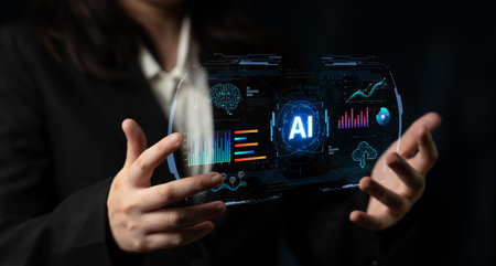 Futuristic AI analytics display realtime dashboards, forecasting and cloud monitoring, helping...