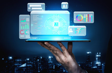 Futuristic Concept of Artificial Intelligence with Data Analysis on Laptop Screen in Digital...