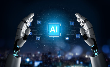 Centralized AI microchip on futuristic circuit board. AI process cloud computing, data analytics,...