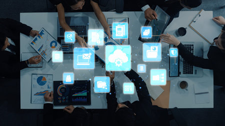 Concept design of managing online documents with cloud storage, digital file management, and secure sharing. Online documents improve workflow, online documents enhance security. Enticeの写真素材