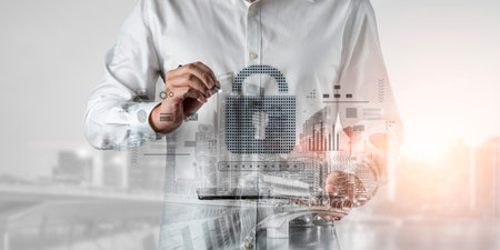 Cybersecurity protection system showing password encryption, fingerprint ID, cloud security, email,...