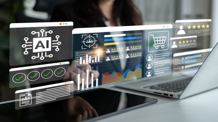A businesswoman engages with a futuristic digital interface, featuring AI elements, charts, and e-commerce displays, illustrating the integration of technology in modern business.の写真素材