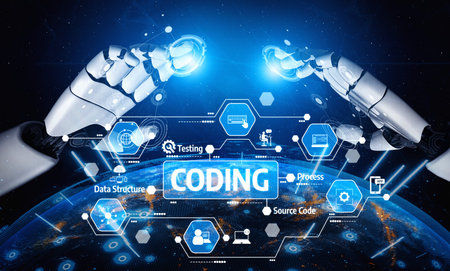 A captivating visual of robotic hands engaging with a futuristic coding interface, showcasing data...