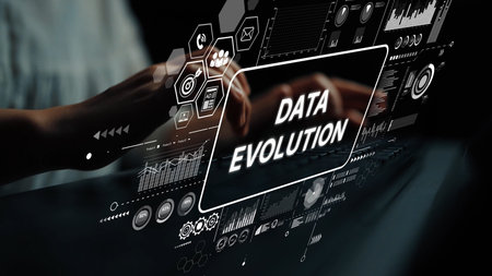 Data Evolution Concept with Hands Interacting with Modern Digital Interface Displaying Analytics and...