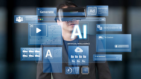 Young professional engages with a virtual reality headset, exploring artificial intelligence...