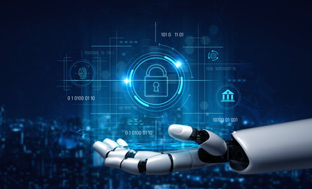 AI securing digital access through biometric authentication, protecting identity, monitoring threats, and enhancing cybersecurity system infrastructure with intelligent automation. Vouchの写真素材