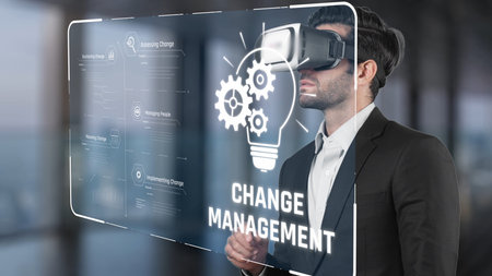 A business professional explores change management concepts using a virtual reality headset,...