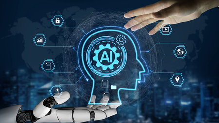 Human and Robot Collaboration in Advanced Artificial Intelligence Concept Displaying Innovative...