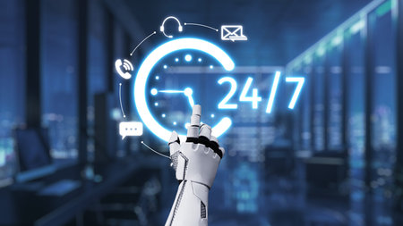 A robotic hand interacts with a glowing digital clock displaying 24-hour availability, set against a...