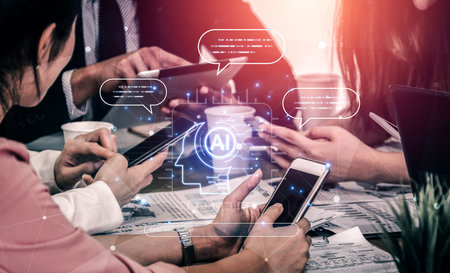 Futuristic concept of AI prompt engineering showing NLP AI neural processor unit converting text commands into intelligent AI responses. LLM, ASR conversational AI chatbot development, and NLP. Corpusの写真素材