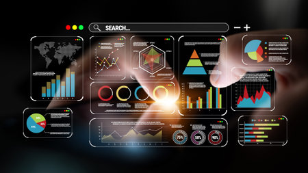 Hands Interacting With Digital Data Visualizations and Graphs on Screen in Dark Environment for...