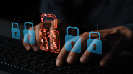 Digital security concept illustrating a cybersecurity breach, with a red unlocked padlock indicating...