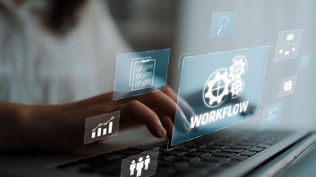 Workflow optimization concept featuring interconnected gears, task management, collaboration,...