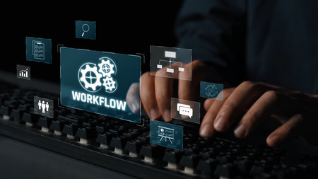 Workflow optimization concept featuring interconnected gears, task management, collaboration,...