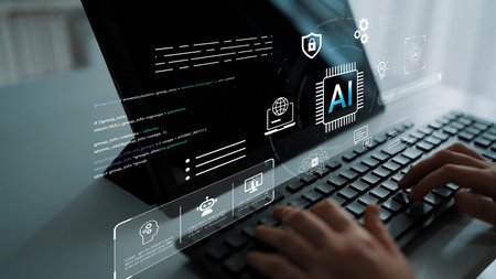 Modern Computer Keyboard with Hands Typing and Futuristic AI Technology Interface Displayed on...
