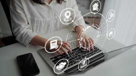 Online property search icons showing real estate rent, sale, housing, location, property management, key, contract, mortgage, home loan, and housing market. Funnelの写真素材