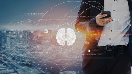 AI brain network powered by machine learning processes vast data through intelligent connections,...