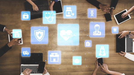 Healthcare icons show medical service, healthcare support, and patient treatment. Healthcare ensures...
