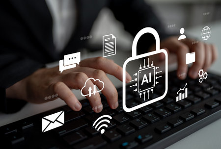 A professional interacts with a keyboard while surrounded by digital icons, capturing the essence of...