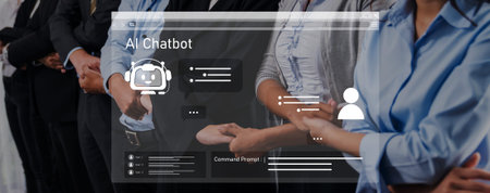 A group of business professionals engages with a digital AI chatbot interface in a modern workspace,...