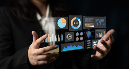 A business professional interacts with advanced data visualizations, showcasing key performance...