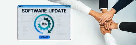 Image depicting teamwork with hands joining together beside a software update interface showing an...