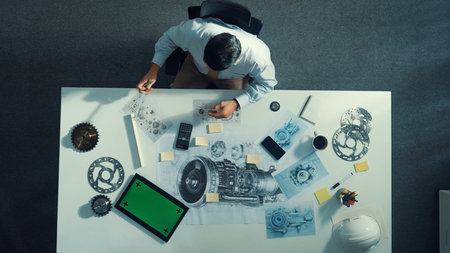 Top down view of skilled engineer writing and planning turbine engine design while sitting at...