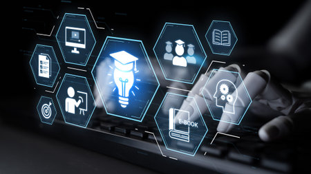 Education technology digital learning, training systems, and knowledge development. Futuristic...