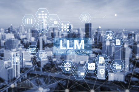 Large Language Model LLM processing data. Represents deep text learning, natural language processing...