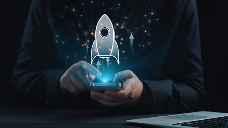 Startup launch and business growth concept, rocket symbolism, entrepreneurship, startup innovation,...