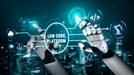 Futuristic Robotic Hands Interacting with Low Code Platform Interface on Digital Background with...