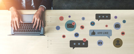Multiple social media icons, likes, messages, and notifications representing online interaction,...