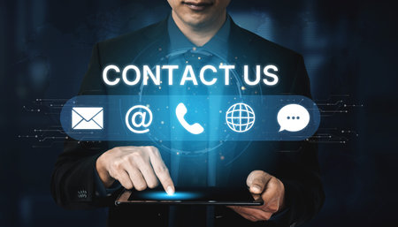 UI concept for contact us section showing icons for email, web, phone, and message. Contact and...